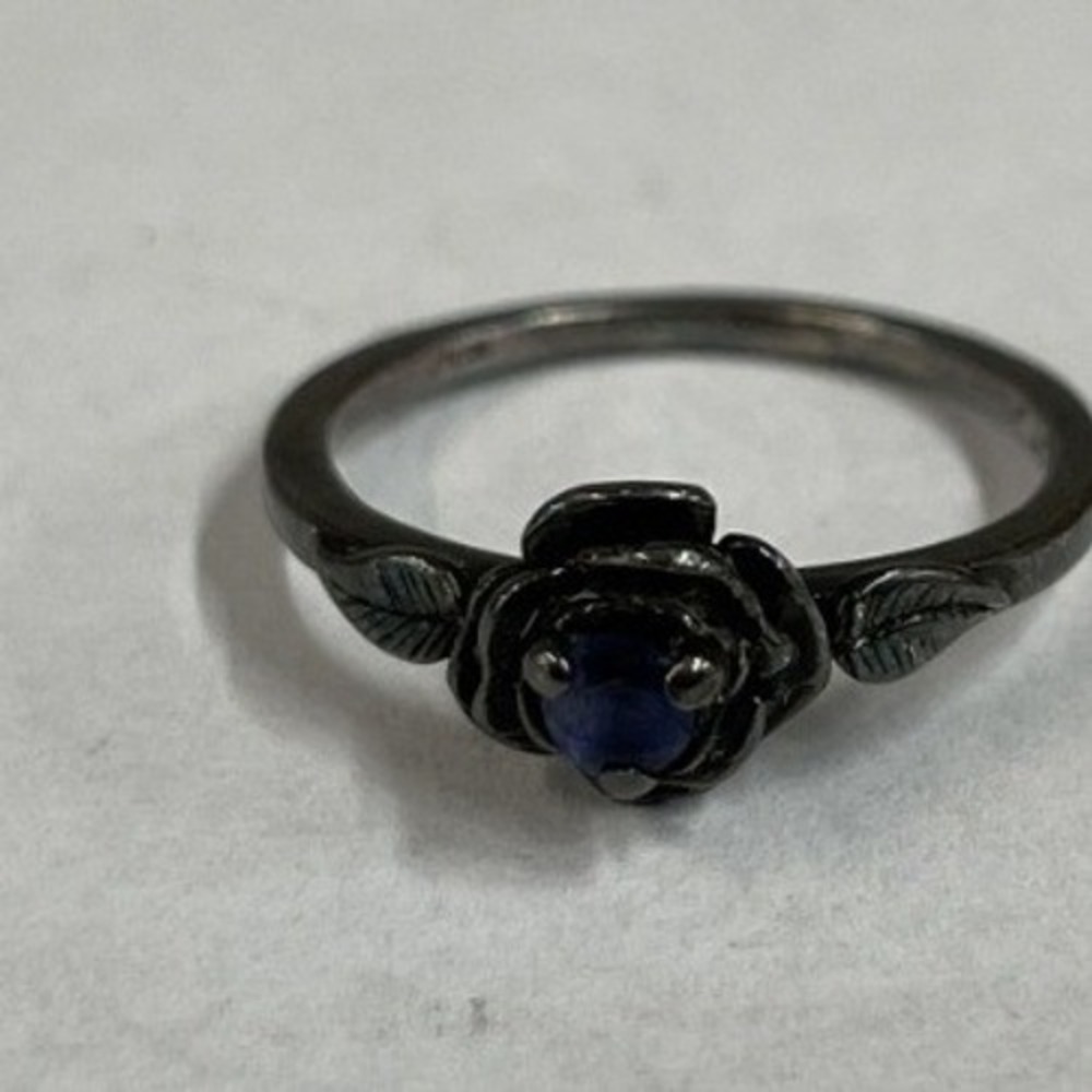 Sterling Silver 925 Blue Stone Rose Flower Ring Size 4 Oxidized Gothic Floral